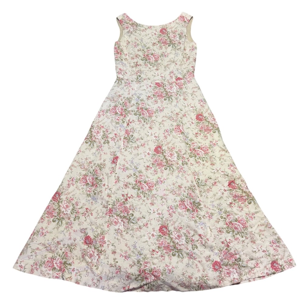 Vintage Laura Ashley A Line Sleeveless Midi Dress Linen Blend Floral Cottage  2